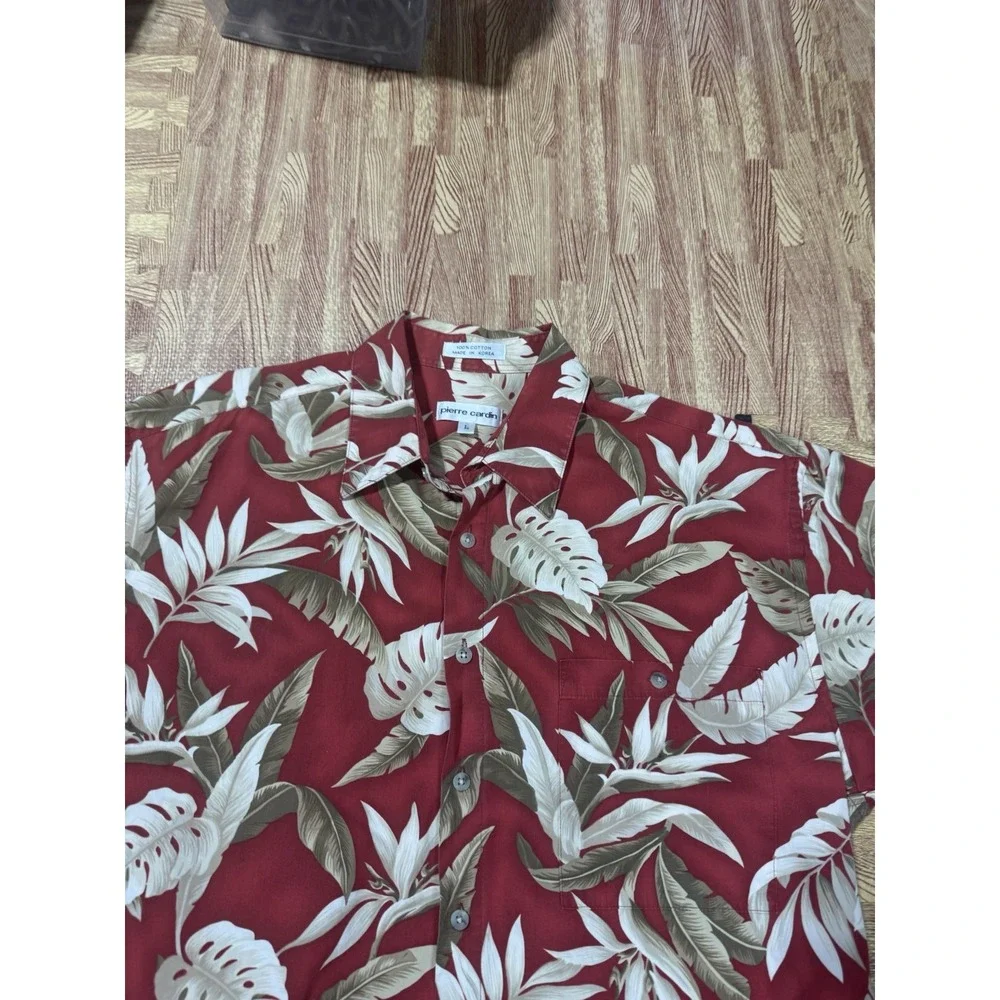 Pierre Cardin Tropical Palm Hawaiian Floral Print‎ Cotton Lawn Shirt Size L